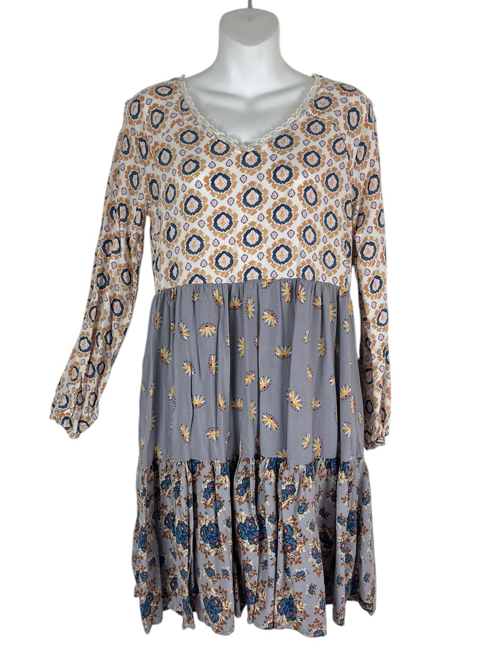 Matilda Jane Floral Tiered Boho Cottagecore Long Sleeve Babydoll Dress Size L